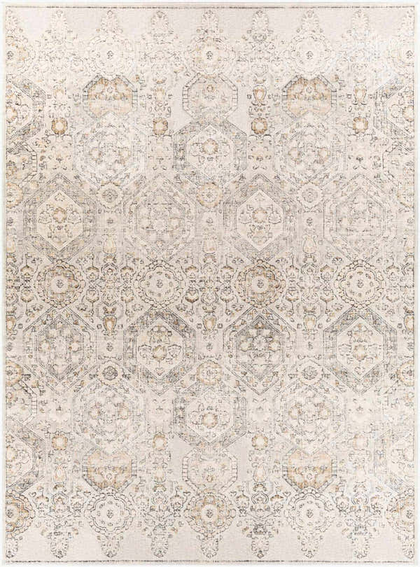 Close-up of the New Parkerfield Area Rug. Beige, gray, charcoal, and mustard traditional vintage pattern. Design-Rectangle