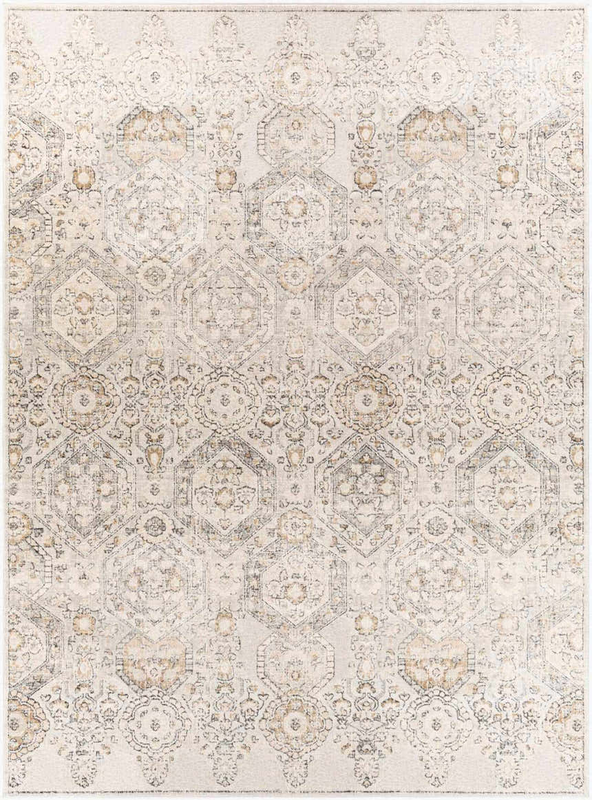 Close-up of the New Parkerfield Area Rug. Beige, gray, charcoal, and mustard traditional vintage pattern. Design-Rectangle