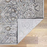 Close-up of the New Parkerfield area rug. Beige, black, charcoal, and gray traditional vintage pattern. Machine woven polypropylene texture. Fold