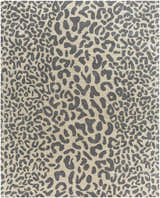 Close-up of the Iseul Leopard Print Area Rug. Gray leopard spots on a taupe background. Contemporary style, 100% wool, hand tufted. Design-Rectangle-811
