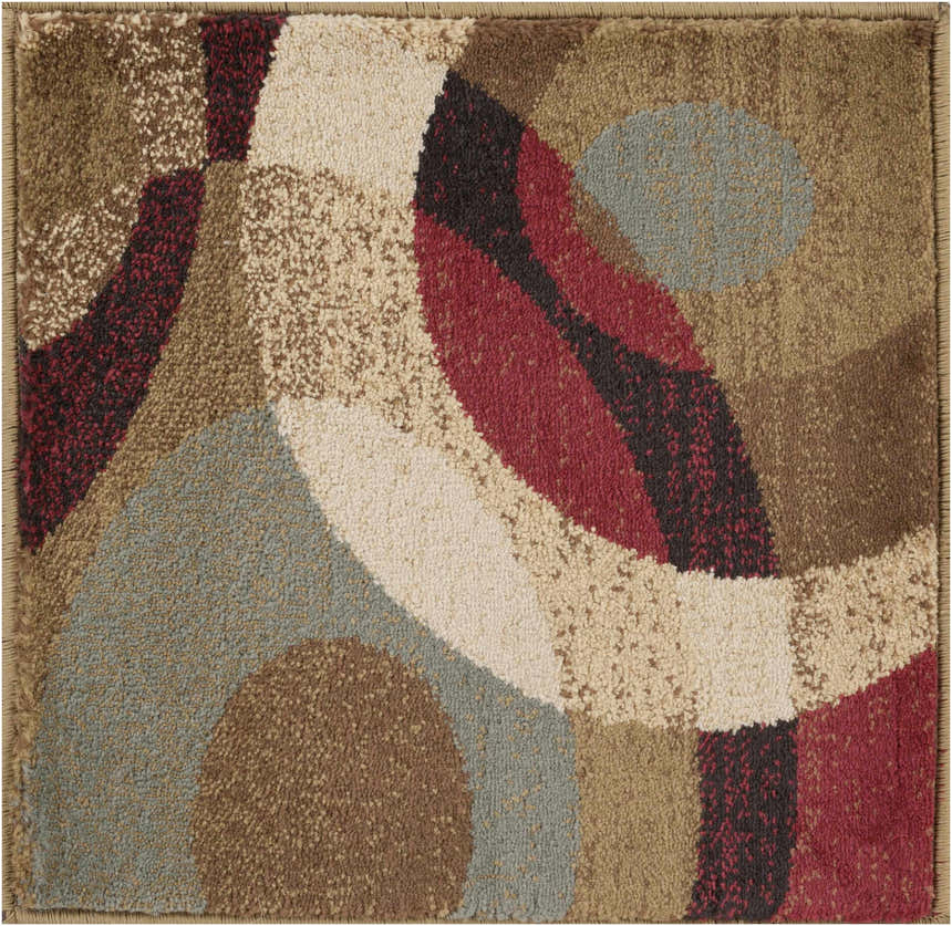 Close-up of the Jackhorn Area Rug. Abstract design with black, brown, red, green, and cream colors. Polypropylene texture. Swatch