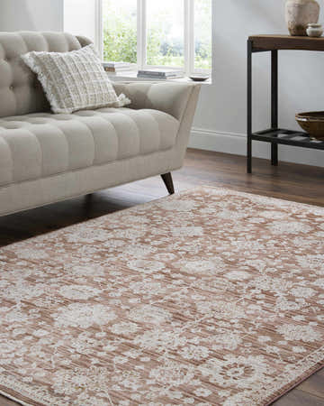 Living room scene with a beige sofa and the Urara Red Area Rug, showcasing a traditional farmhouse style. Roomscene-Rectangle