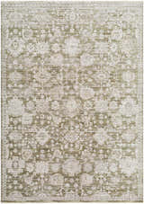 Close-up of the Urara Green Area Rug featuring a traditional floral pattern in ash, sage, and light silver hues. Design-Rectangle-537