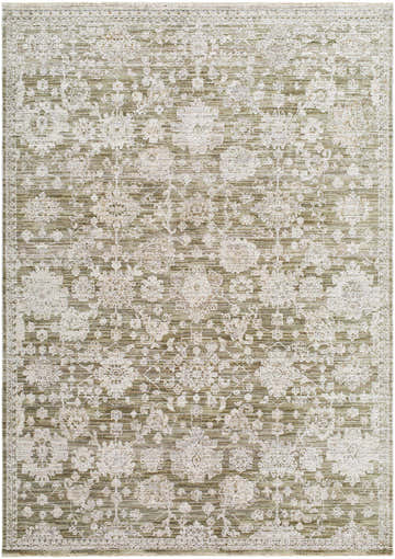 Close-up of the Urara Green Area Rug featuring a traditional floral pattern in ash, sage, and light silver hues. Design-Rectangle-537