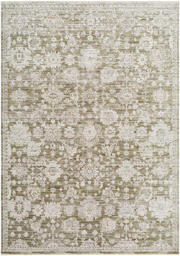 Close-up of the Urara Green Area Rug featuring a traditional floral pattern in ash, sage, and light silver hues. Design-Rectangle-537