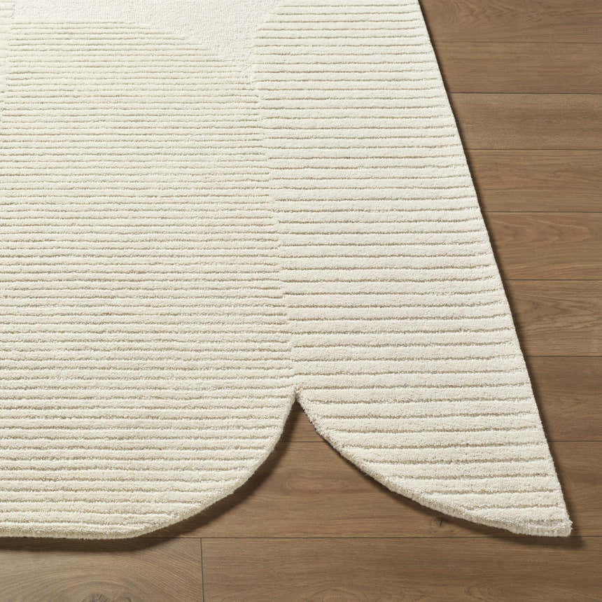 Close up of the Jgadve Ivory Abstract Rug showing a textured, horizontal striped pattern. Front
