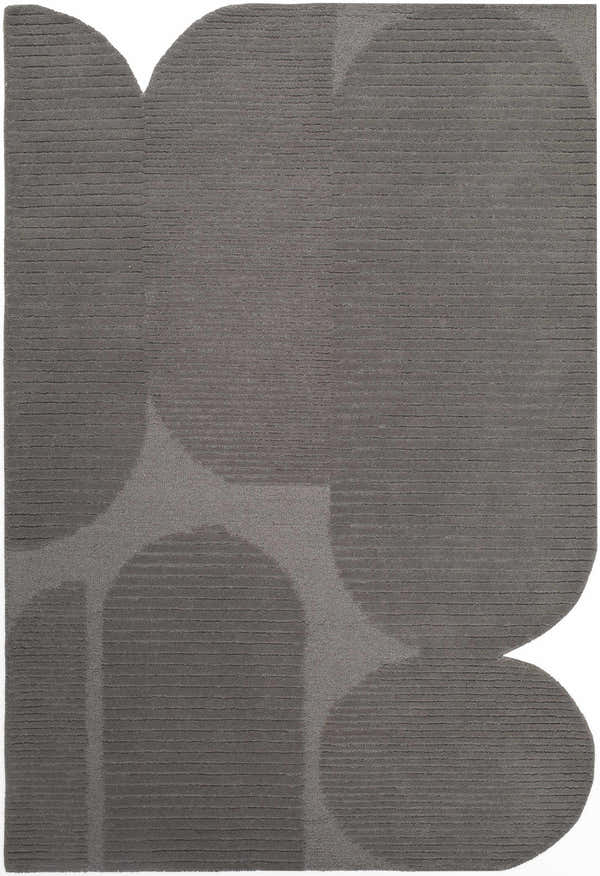 Close-up of the Fixui Gray Abstract Area Rug. Hand-tufted wool rug with ash gray, charcoal, and slate gray tones. Contemporary style. Design-Rectangle-576