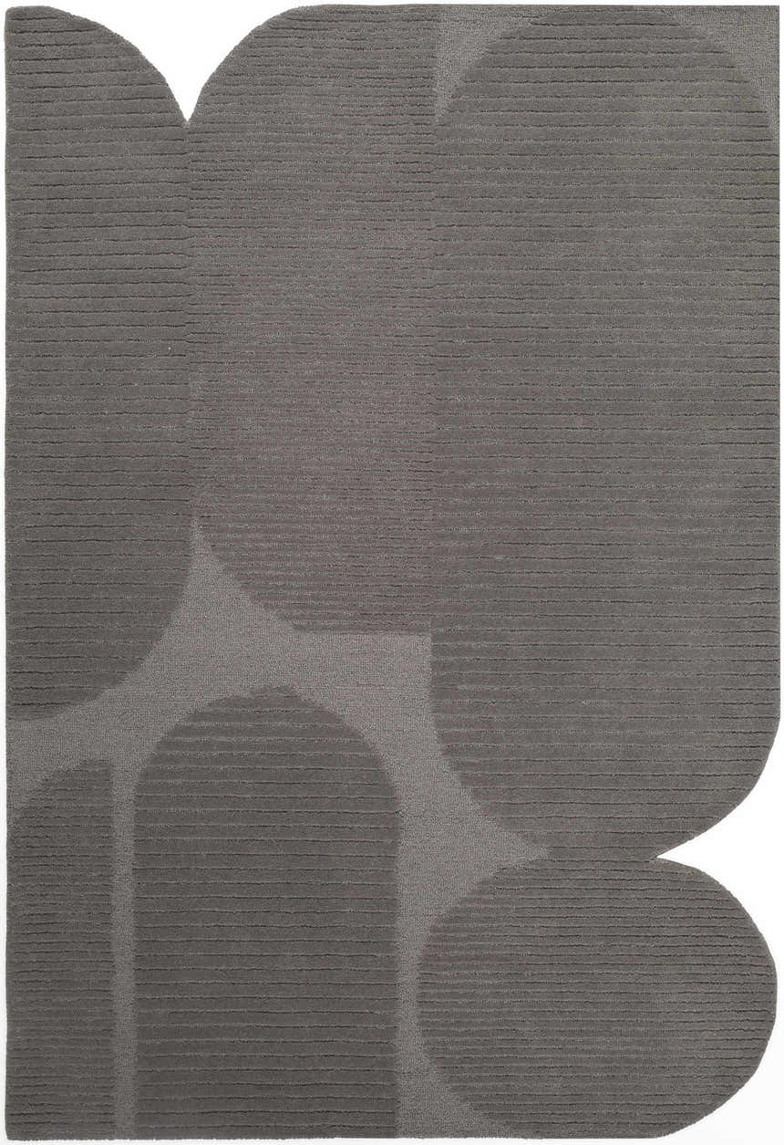 Close-up of the Fixui Gray Abstract Area Rug. Hand-tufted wool rug with ash gray, charcoal, and slate gray tones. Contemporary style. Design-Rectangle-576