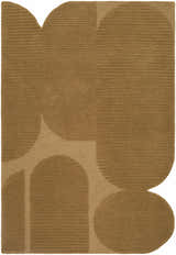 Close-up of the Ponae Abstract rug. Camel and sandstone wool with a contemporary geometric pattern and hand-tufted texture. Design-Custom