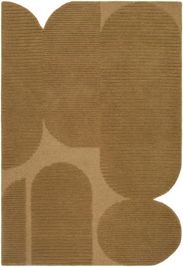 Close-up of the Ponae Abstract rug. Camel and sandstone wool with a contemporary geometric pattern and hand-tufted texture. Design-Custom