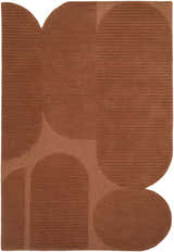 Close-up of Fihe Abstract Modern rug. Hand-tufted wool in terracotta, sandstone, & dusty coral with geometric shapes. Design-Rectangle-576