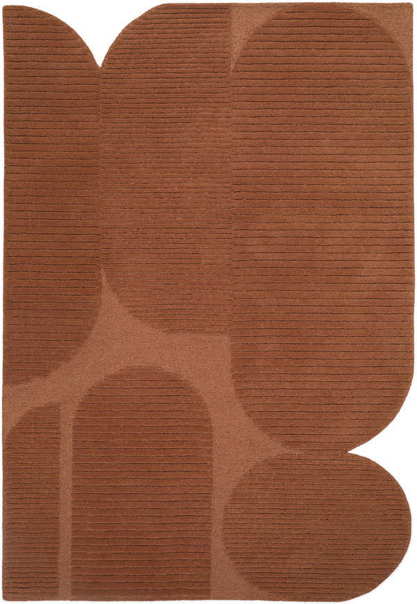 Close-up of Fihe Abstract Modern rug. Hand-tufted wool in terracotta, sandstone, & dusty coral with geometric shapes. Design-Rectangle-576