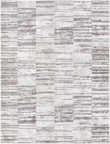 Close-up of the Apphia Area Rug. Contemporary design with ivory and light brown horizontal stripes and geometric pattern. Design-Rectangle-537