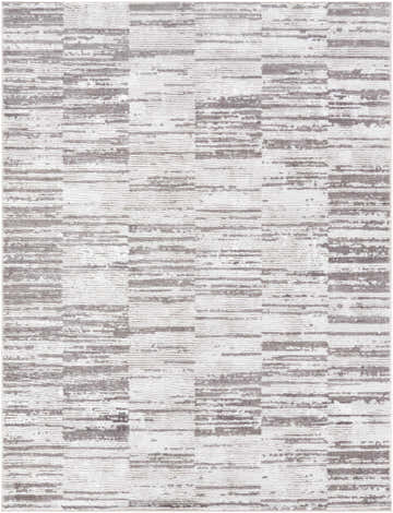 Close-up of the Apphia Area Rug. Contemporary design with ivory and light brown horizontal stripes and geometric pattern. Design-Rectangle-537