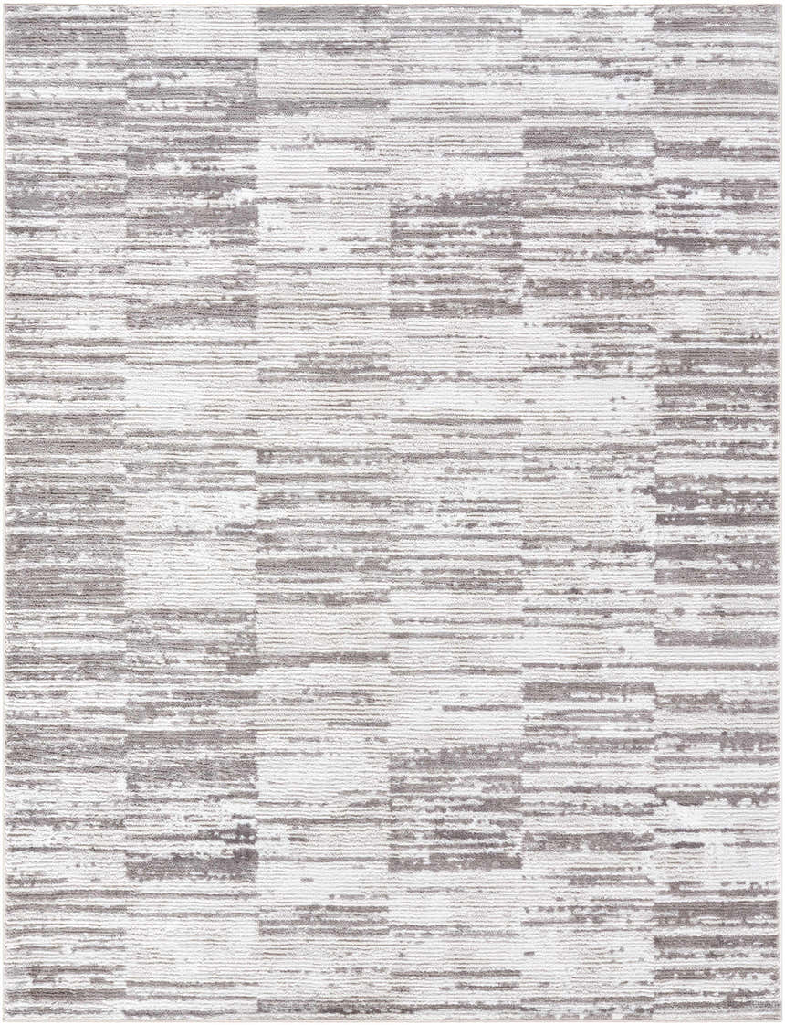 Close-up of the Apphia Area Rug. Contemporary design with ivory and light brown horizontal stripes and geometric pattern. Design-Rectangle-537