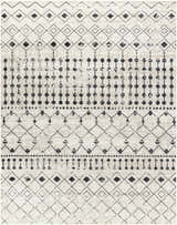 Close-up of the Joppatowne Washable Area Rug, featuring a black geometric pattern on a cream and light beige background. Design-Rectangle-71010