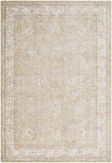 Detailed view of the Ashraf Area Rug, a farmhouse style rug with a traditional beige floral pattern. Design-Rectangle-6796