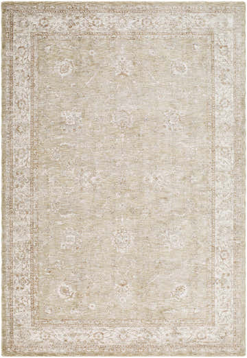 Detailed view of the Ashraf Area Rug, a farmhouse style rug with a traditional beige floral pattern. Design-Rectangle-6796