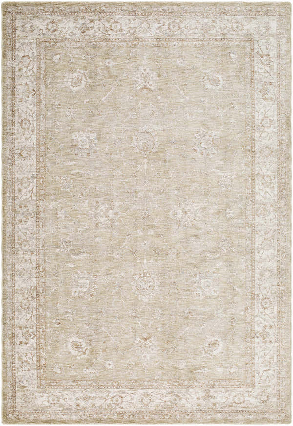 Detailed view of the Ashraf Area Rug, a farmhouse style rug with a traditional beige floral pattern. Design-Rectangle-6796