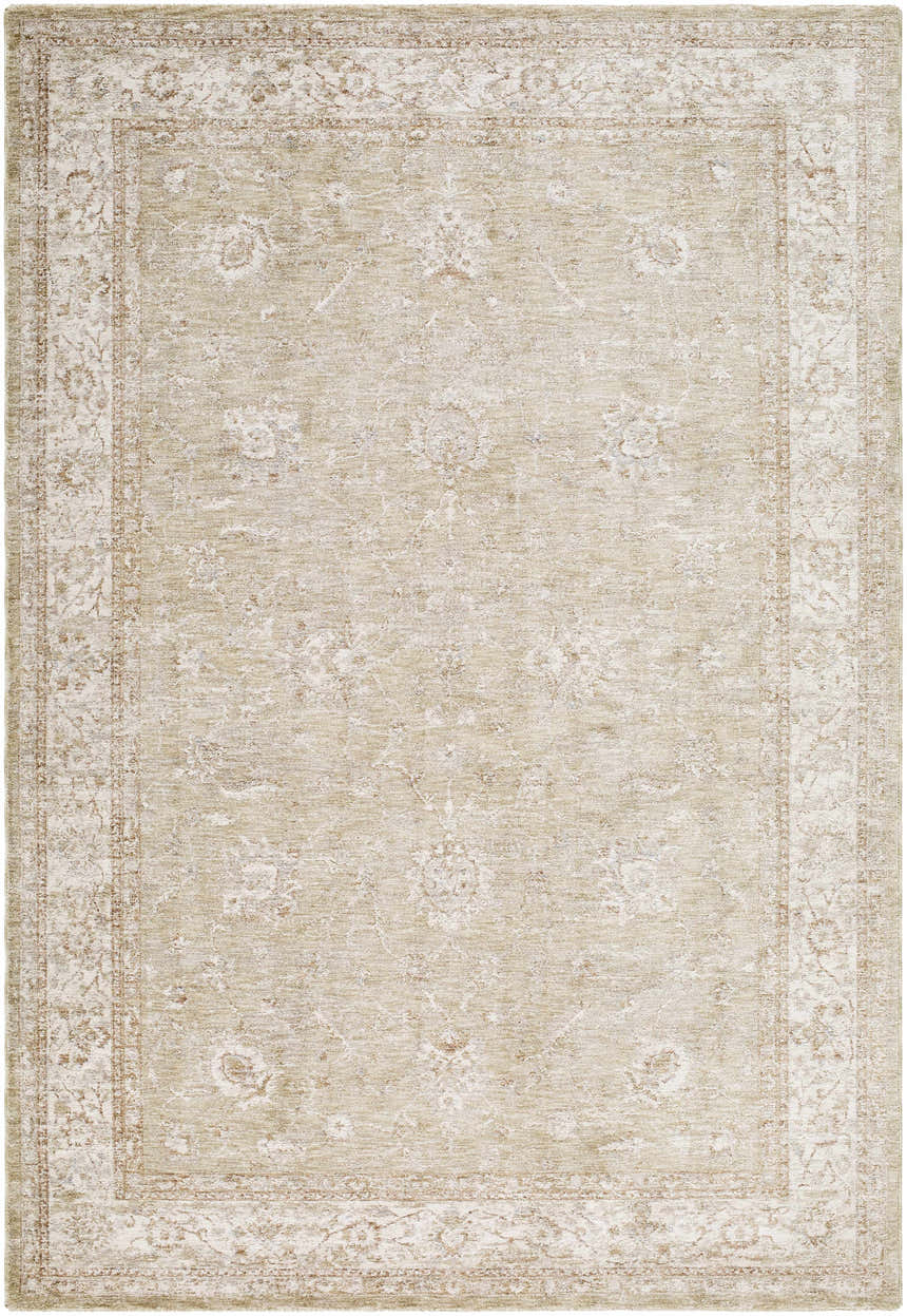 Detailed view of the Ashraf Area Rug, a farmhouse style rug with a traditional beige floral pattern. Design-Rectangle-6796