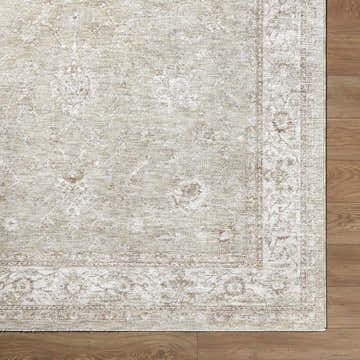 Close up of the Ashraf Area Rug showing its beige, cream, and brown traditional pattern and texture. Corner
