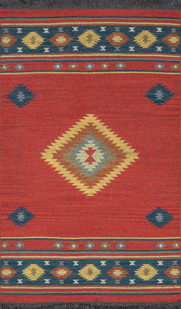 Close-up of the Hedon Wool Area Rug featuring a brick red base and Southwestern-inspired diamond and geometric patterns. Design-Rectangle