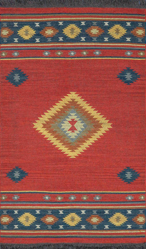 Close-up of the Hedon Wool Area Rug featuring a brick red base and Southwestern-inspired diamond and geometric patterns. Design-Rectangle