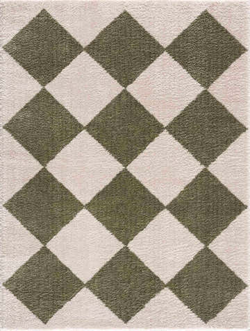 Close-up of the Arilla Green Washable Diamond Area Rug showing the lime green and peach diamond pattern and soft texture. Design-Rectangle-537