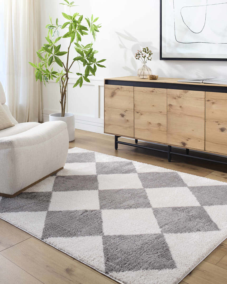 Living room scene with Arilla Diamond Checkered Washable Area Rug in charcoal and white, paired with a modern sideboard. Roomscene-Rectangle