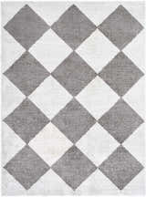 Close-up of the Arilla Diamond Checkered Washable Area Rug, charcoal and white diamond pattern. Design-Rectangle-537