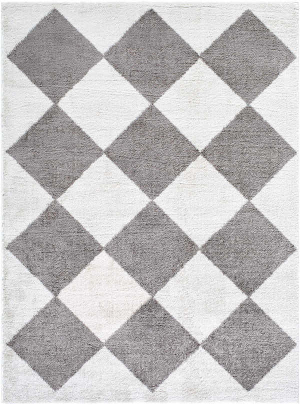 Close-up of the Arilla Diamond Checkered Washable Area Rug, charcoal and white diamond pattern. Design-Rectangle-537