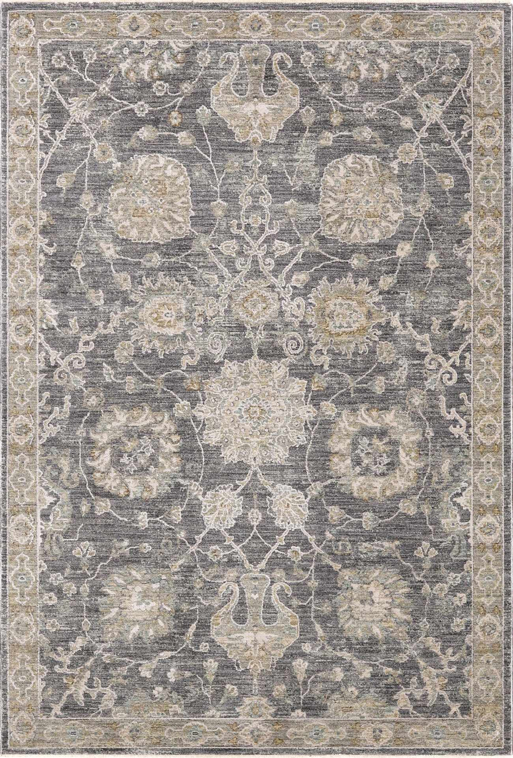 Close-up of the Kanimbla Thick Luxe Avant Garde Rug; gray, beige, and white floral pattern with a traditional border. Design-Rectangle
