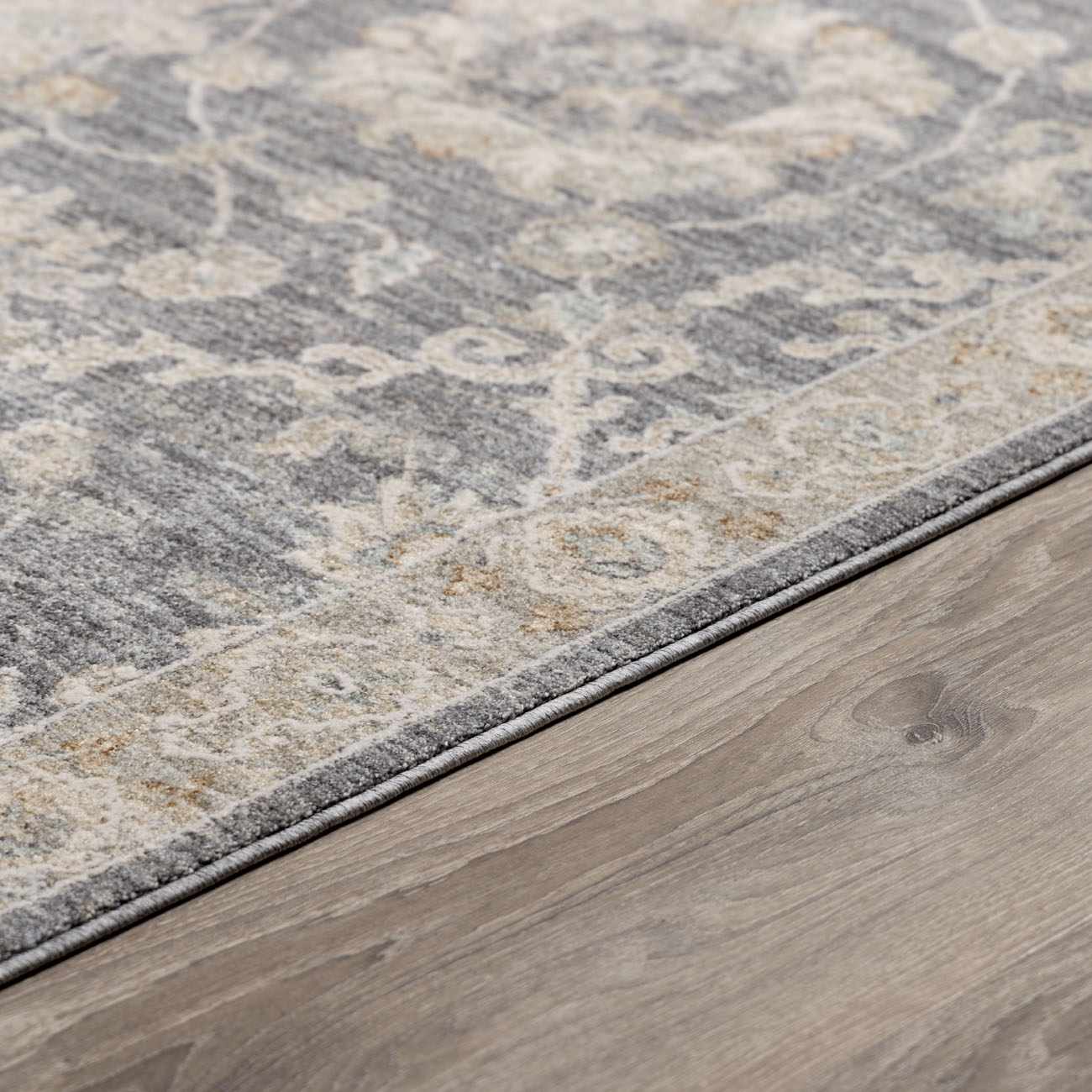 Close-up of the Kanimbla Thick Luxe Avant Garde Rug showing its beige, gray, and blue traditional pattern. Corner