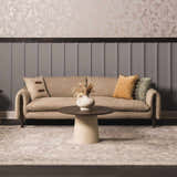 Living room scene with a beige sofa and Kanimbla Thick Luxe Avant Garde Rug in beige and gray tones. Roomscene-Rectangle