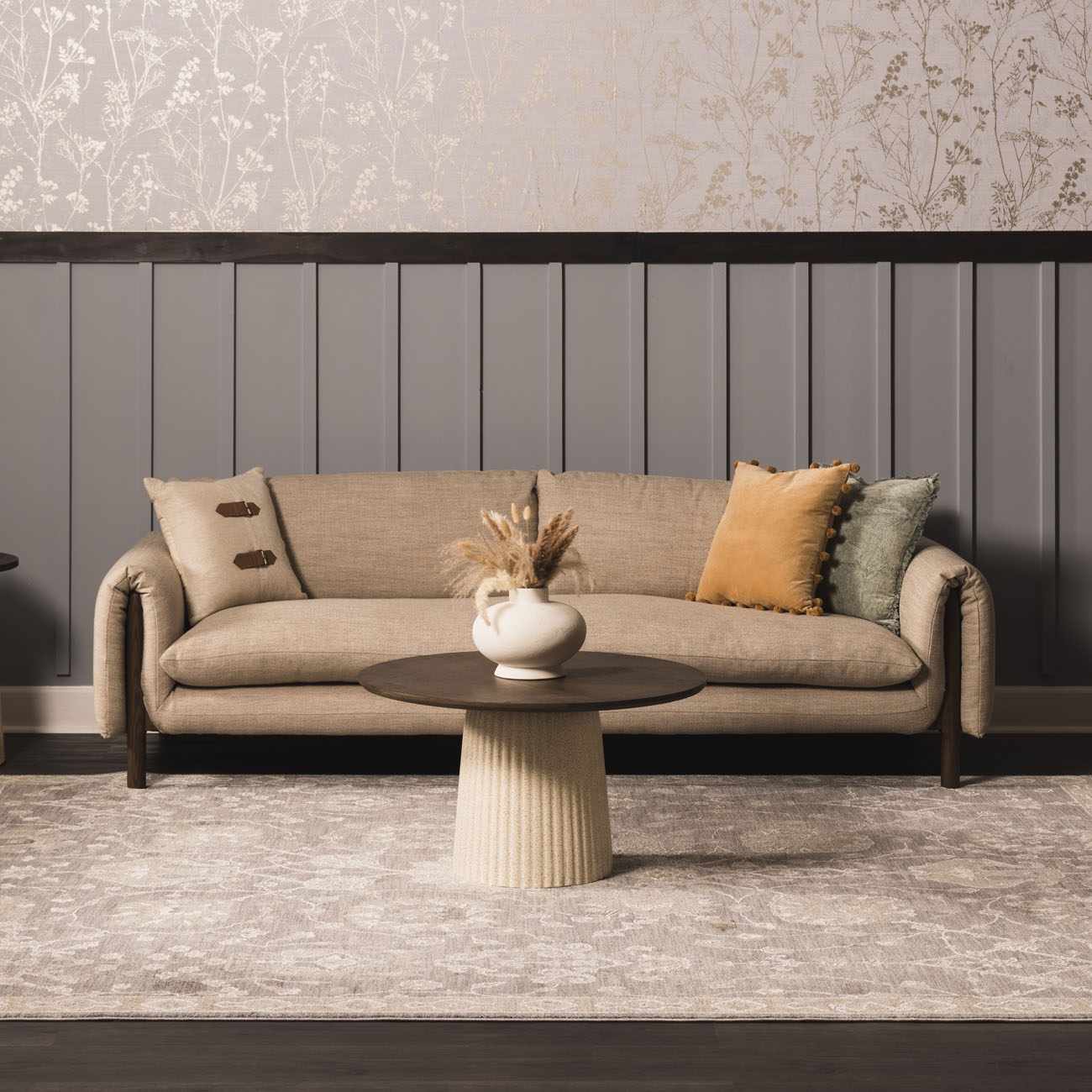 Living room scene with a beige sofa and Kanimbla Thick Luxe Avant Garde Rug in beige and gray tones. Roomscene-Rectangle