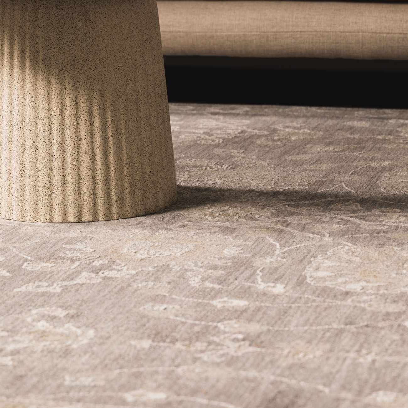 Close-up of the beige Kanimbla Thick Luxe Avant Garde Rug with a subtle, abstract pattern and soft texture. Styleshot