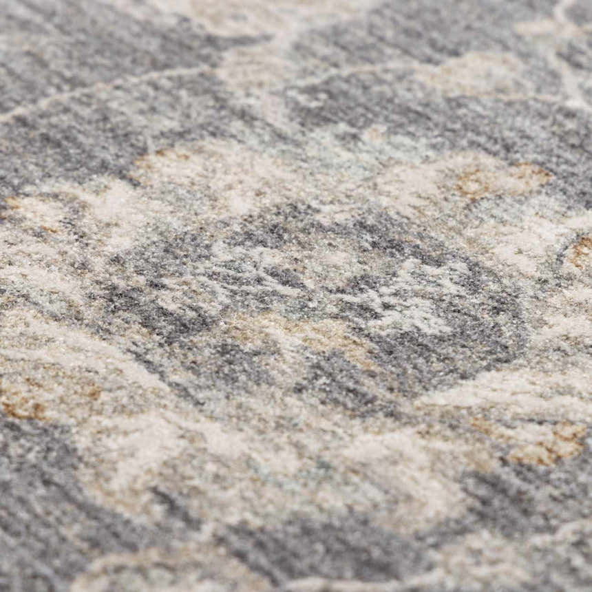 Close-up of the Kanimbla Thick Luxe Avant Garde Rug, showing its beige, gray, and blue floral pattern and thick, soft texture. Texture
