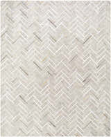 Close-up of the Karacasu Area Rug. Cream, light gray, and brown viscose rug with a contemporary herringbone pattern. Design-Rectangle-810