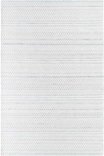 Close-up of the Kendi Wool Rug. Hand-woven rug with charcoal, cream, and light slate stripes and a subtle geometric pattern. Design-Rectangle-576