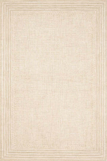 Close-up of the hand-tufted Kayoko Ivory Area Rug featuring a subtle grid pattern and a layered striped border. Design-Rectangle