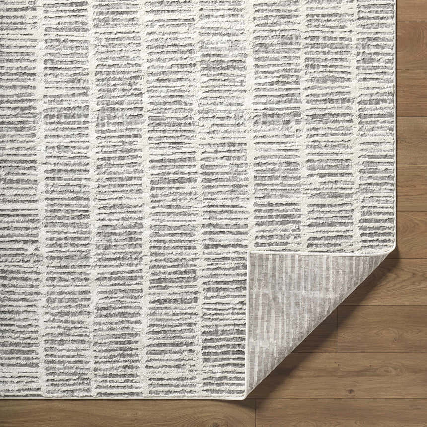 Close-up of the Aricin Gray Area Rug showing its light silver and gray horizontal stripe pattern and machine-woven texture. Fold