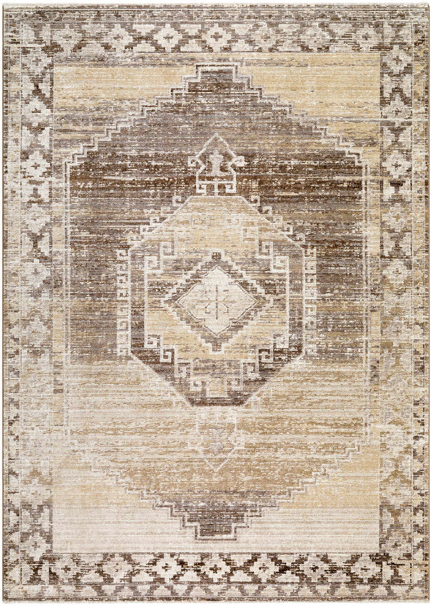 Close-up of the Kailey Light Gray Area Rug featuring a traditional diamond pattern in beige, brown, and light gray tones. Design-Rectangle-679