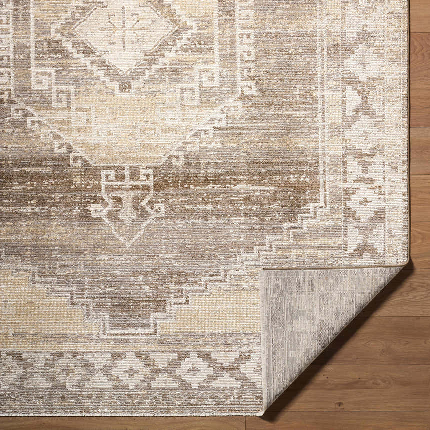 Close-up of the Kailey Light Gray Area Rug, showcasing its traditional pattern, neutral colors, and textured weave. Fold
