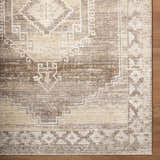 Close-up of the Kailey Light Gray Area Rug showing a traditional pattern and neutral beige and brown tones. Swatch