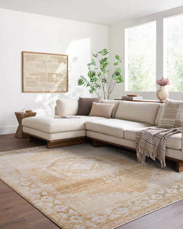 Living room scene with a sectional sofa and a light brown Kailey Area Rug. Roomscene-Rectangle
