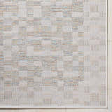 Close-up of the Arshad Ivory Area Rug. Features a woven geometric pattern in beige, ivory, tan, and light gray. Corner