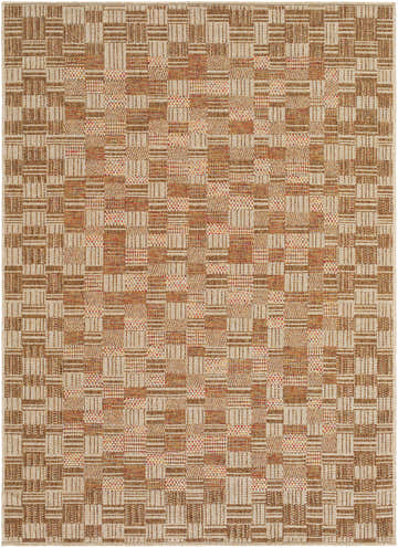 Close-up of Arshad Burnt Sienna Area Rug, featuring a geometric pattern in terracotta, ivory, and sandstone hues. Design-Rectangle-57