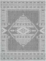 Close-up of the Asuman Area Rug. Gray rug with a white geometric diamond pattern and traditional farmhouse style border. Design-Rectangle-537