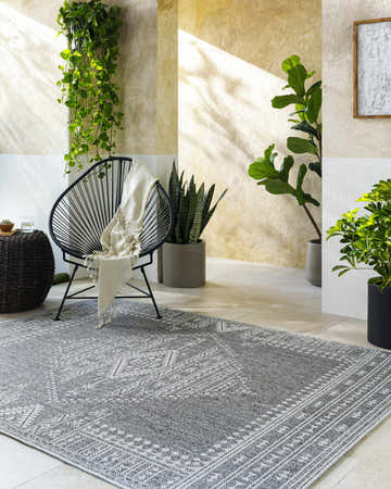Sunlit room scene with gray and white Asuman Area Rug, black chair, and potted plants. Roomscene-Rectangle