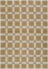 Close-up of the Kalkin Tan Area Rug. Contemporary style with tan squares and ivory grid pattern with small black accents. Design-Rectangle-575